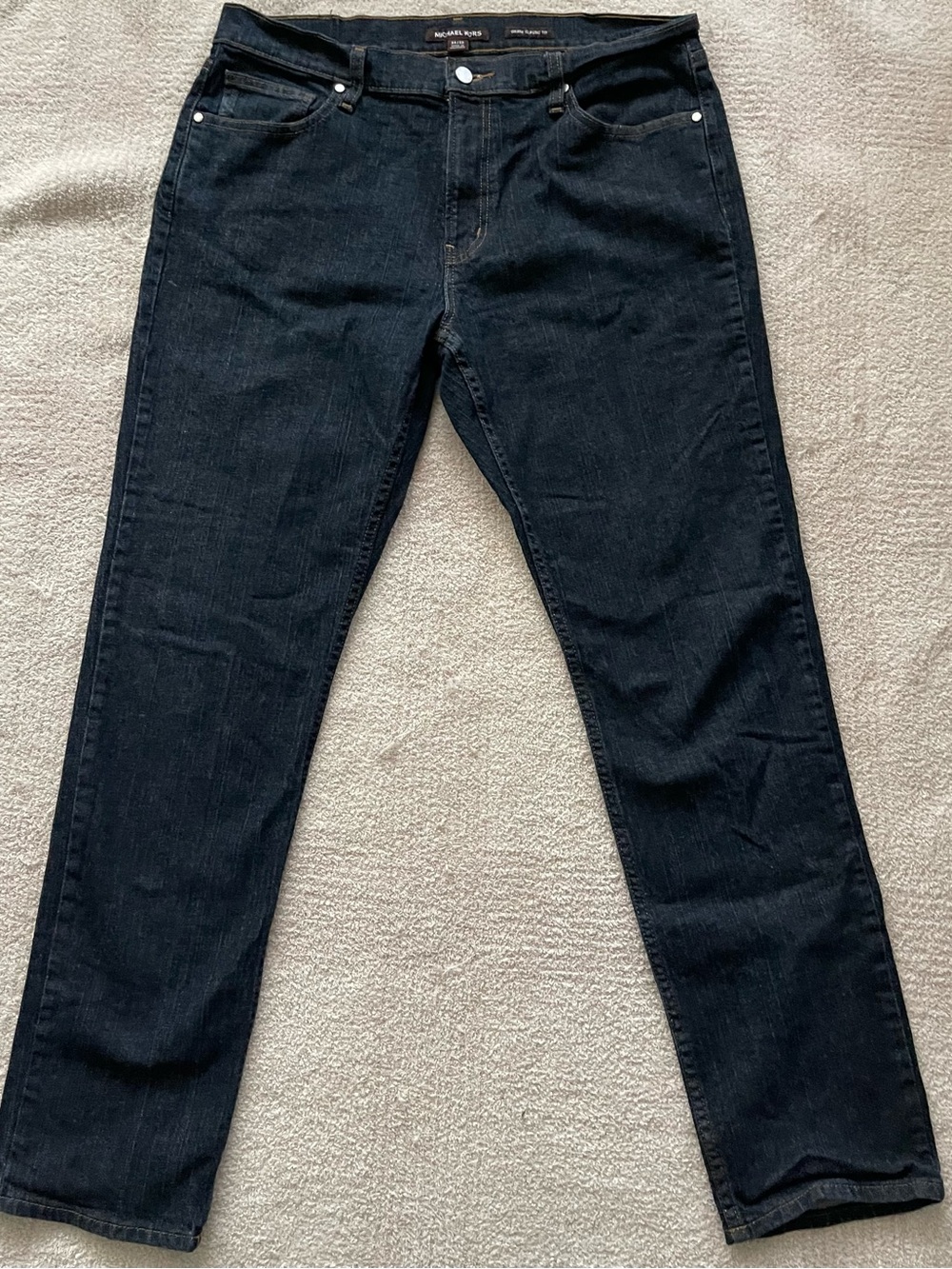 Michael Kors Women's Straight Leg Jeans in Deep Navy Black Wash Orange Stitching
